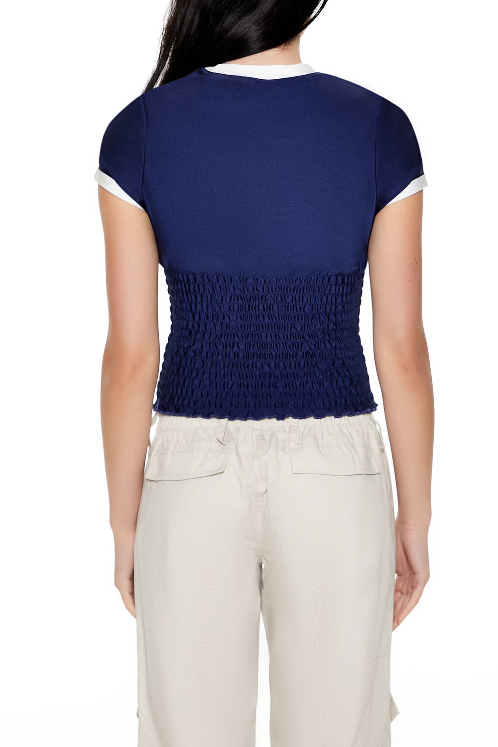  Forever 21 Smocked Ringer LA Cropped Tee - navy white - Bonton