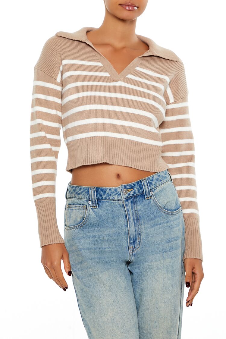  Forever 21 Striped Cropped Sweater - brown white - Bonton