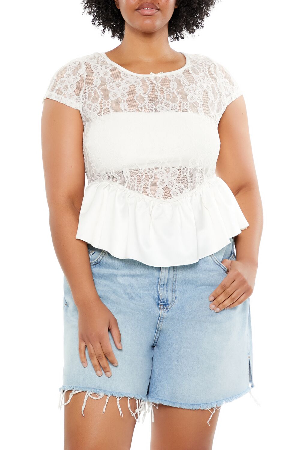  Forever 21 Plus Size Sheer Lace Peplum Top - egret - Bonton