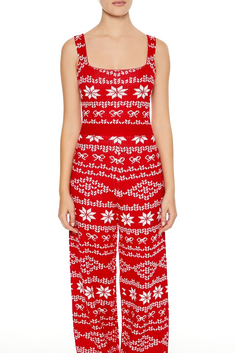  Forever 21 Fair Isle Sweater-Knit Jumpsuit - red-multi - Bonton