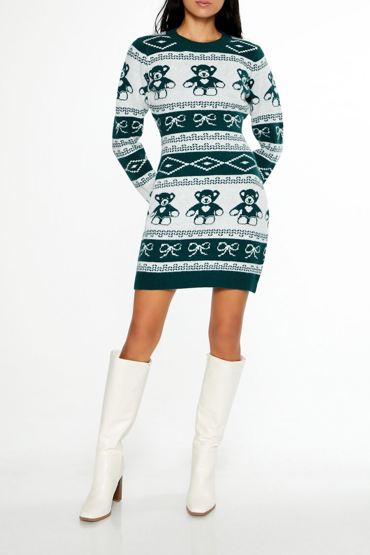  Forever 21 Fair Isle Mini Sweater Dress - green-white-swatch - Bonton