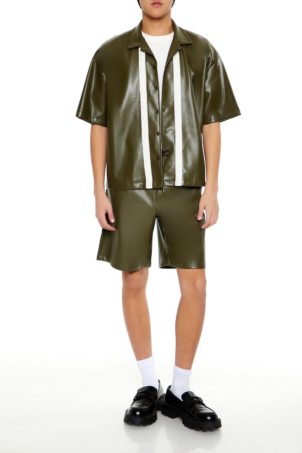  Forever 21 Striped Faux Leather Shirt - olive cream - Bonton