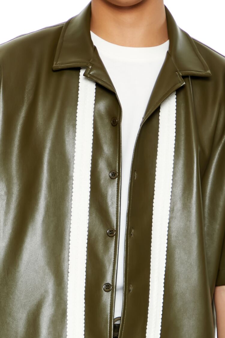  Forever 21 Striped Faux Leather Shirt - olive cream - Bonton