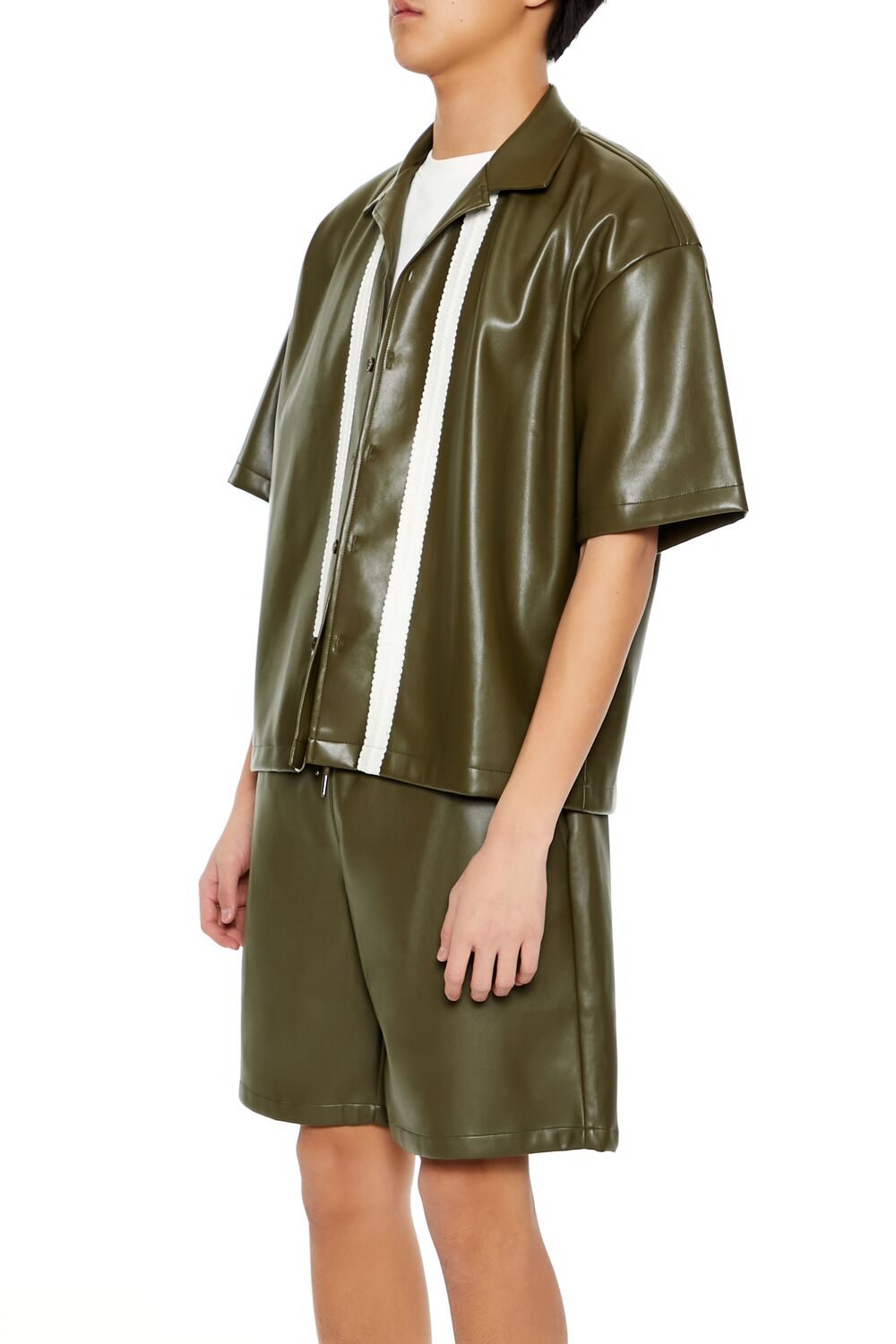  Forever 21 Striped Faux Leather Shirt - olive cream - Bonton