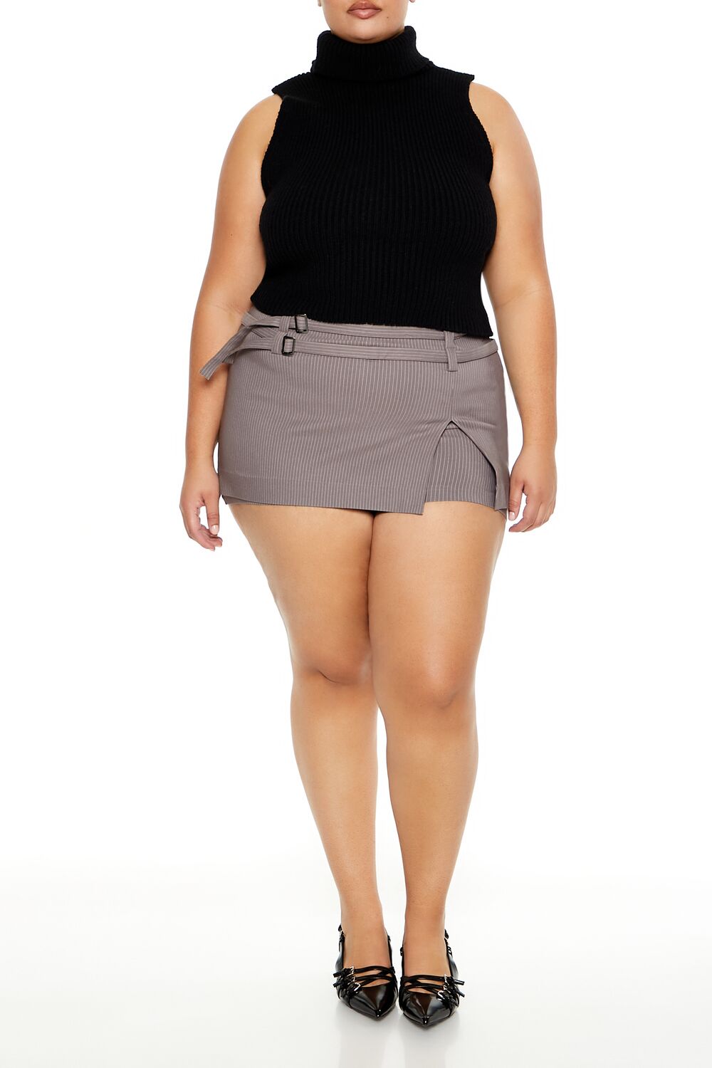  Forever 21 Plus Size Pinstriped Micro Mini Skort - grey-white - Bonton