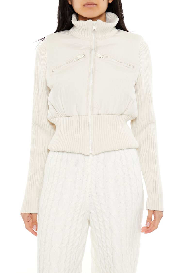  Forever 21 Ribbed Funnel Neck Jacket - ivory - Bonton