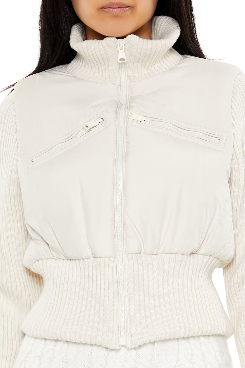  Forever 21 Ribbed Funnel Neck Jacket - ivory - Bonton