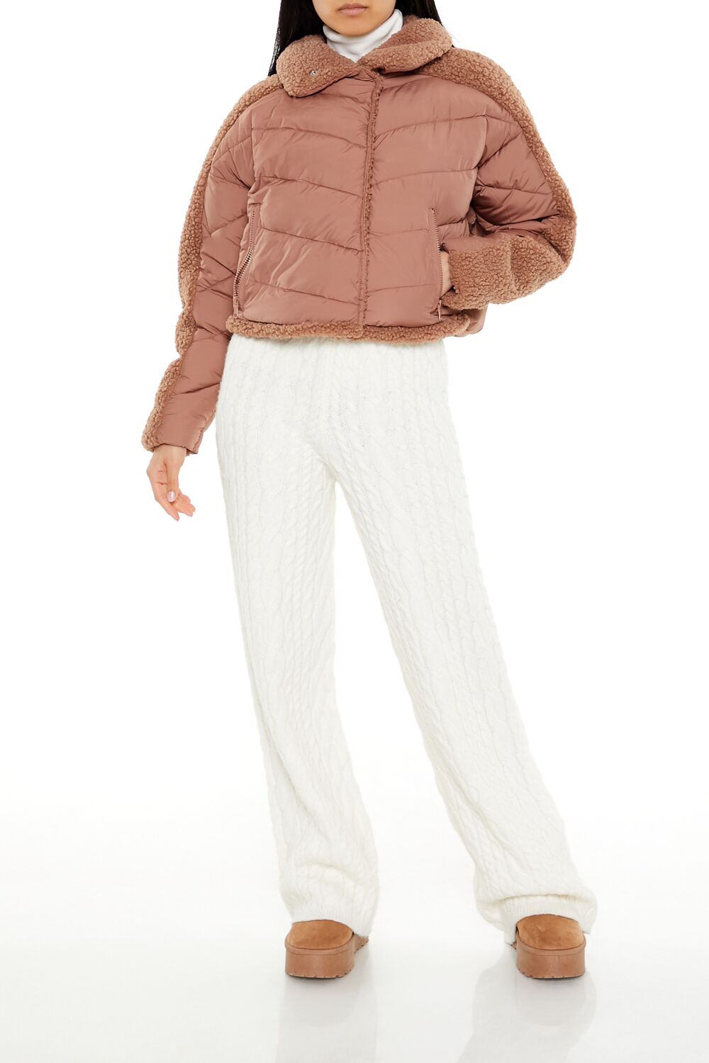  Forever 21 Faux Shearling-Trim Puffer Jacket - tan - Bonton