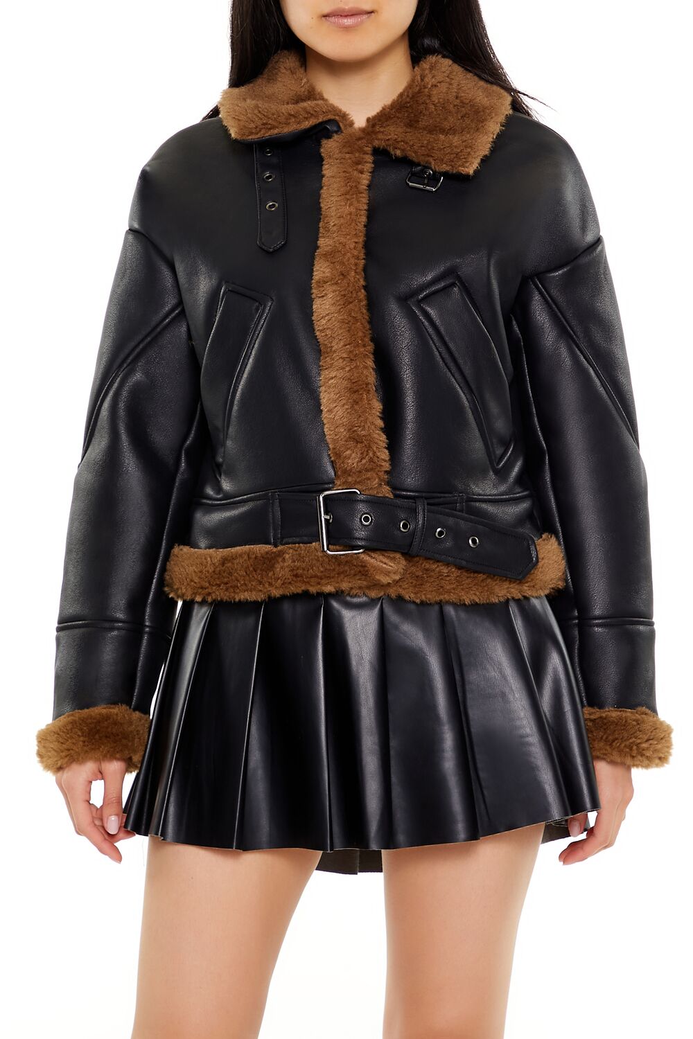  Forever 21 Faux Shearling-Trim Aviator Jacket - black-swatch - Bonton