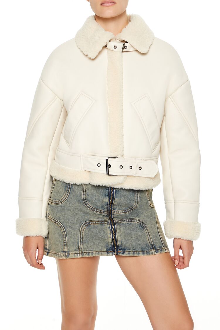  Forever 21 Faux Shearling-Trim Aviator Jacket - black-swatch - Bonton
