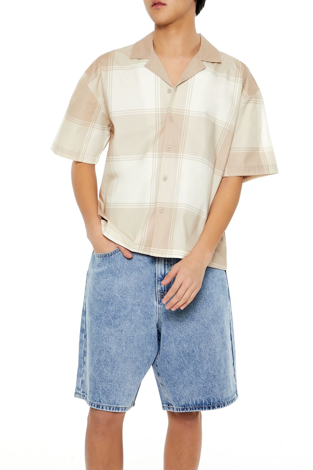  Forever 21 Plaid Drop-Sleeve Cropped Shirt - taupe cream - Bonton