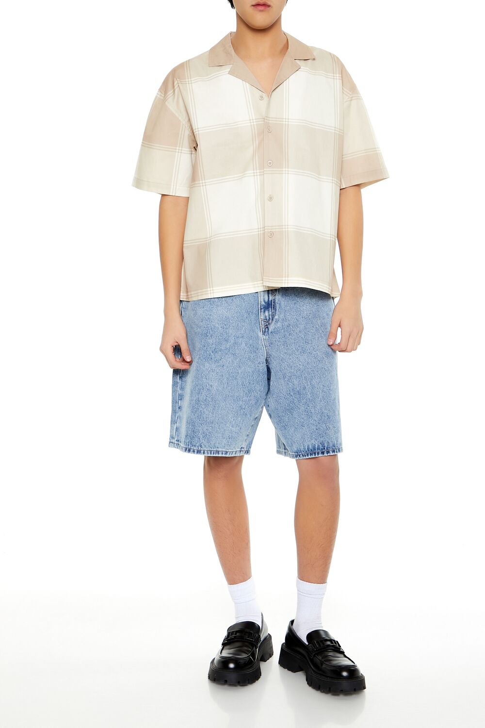  Forever 21 Plaid Drop-Sleeve Cropped Shirt - taupe cream - Bonton