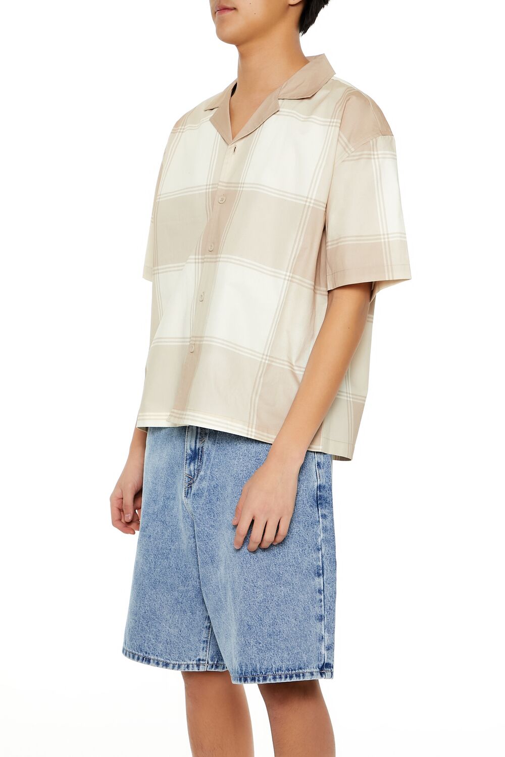  Forever 21 Plaid Drop-Sleeve Cropped Shirt - taupe cream - Bonton
