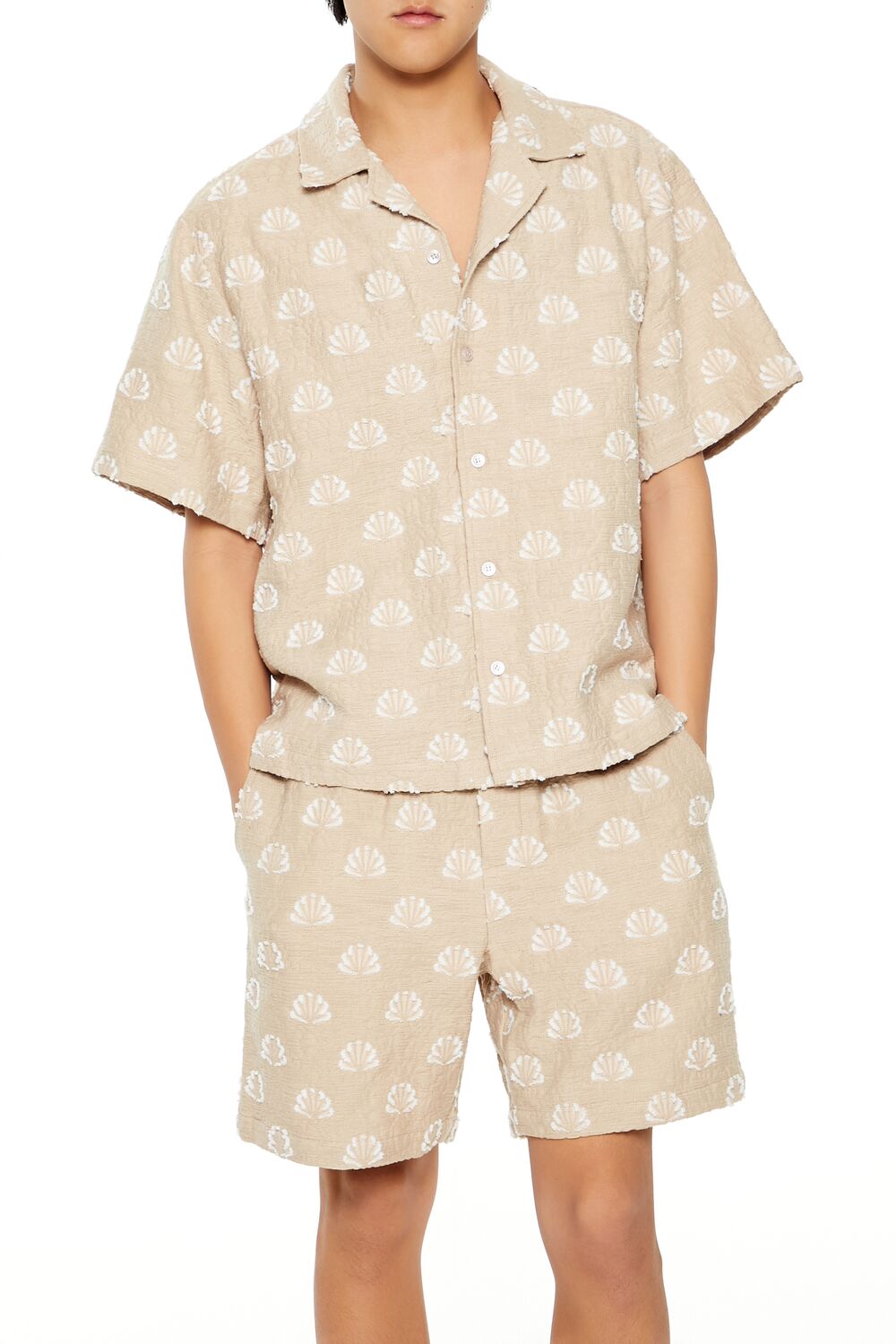  Forever 21 Textured Geo Cuban-Collar Shirt - taupe cream - Bonton