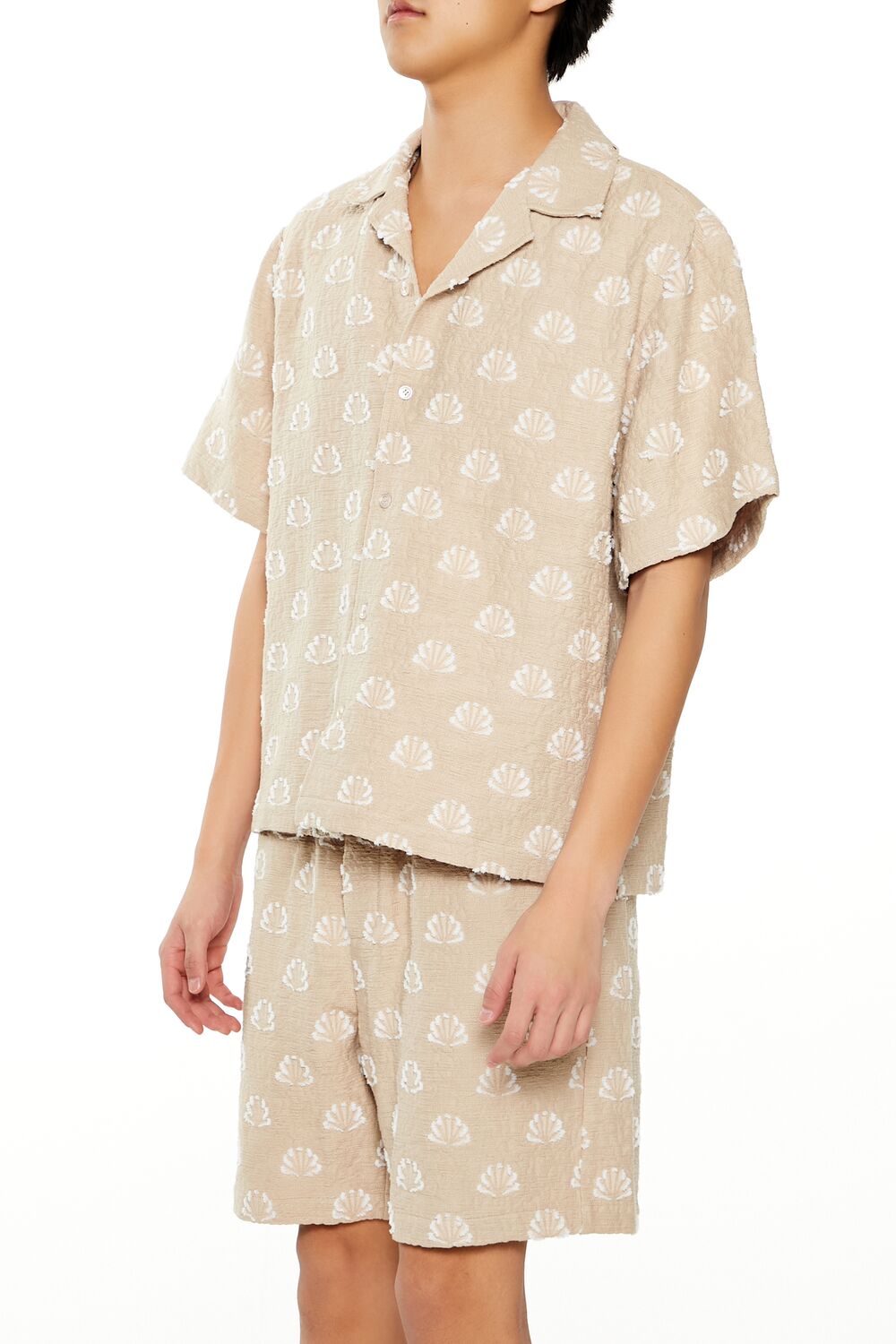  Forever 21 Textured Geo Cuban-Collar Shirt - taupe cream - Bonton