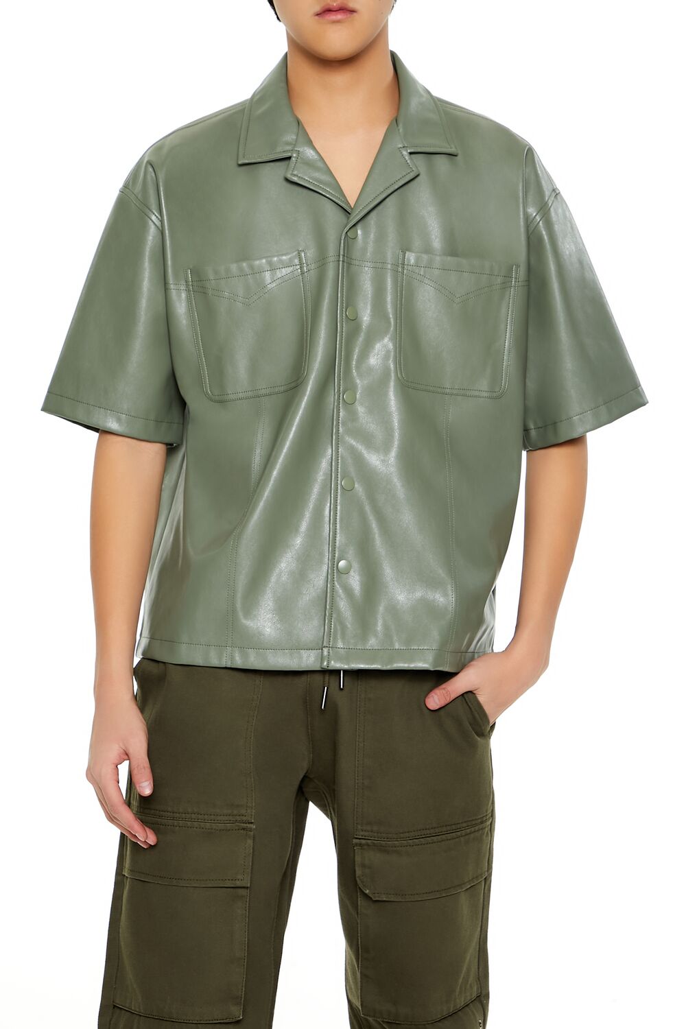  Forever 21 Embroidered Faux Leather Shirt - sage - Bonton