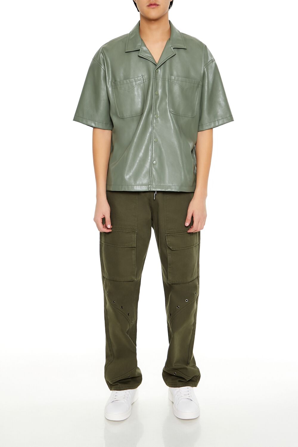  Forever 21 Embroidered Faux Leather Shirt - sage - Bonton