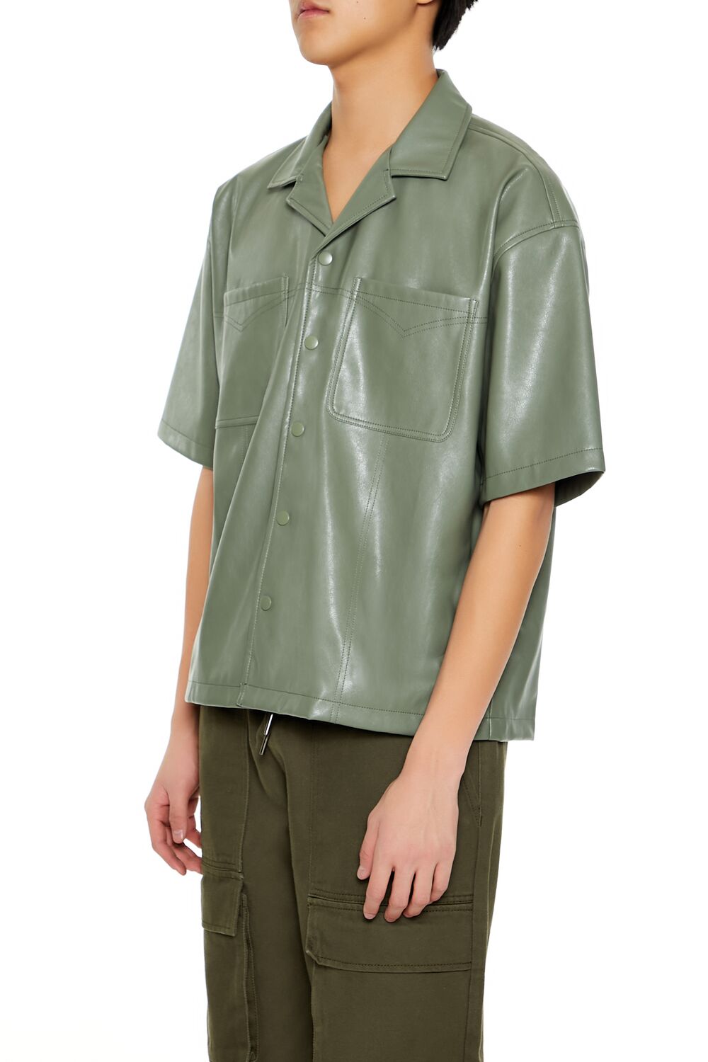  Forever 21 Embroidered Faux Leather Shirt - sage - Bonton
