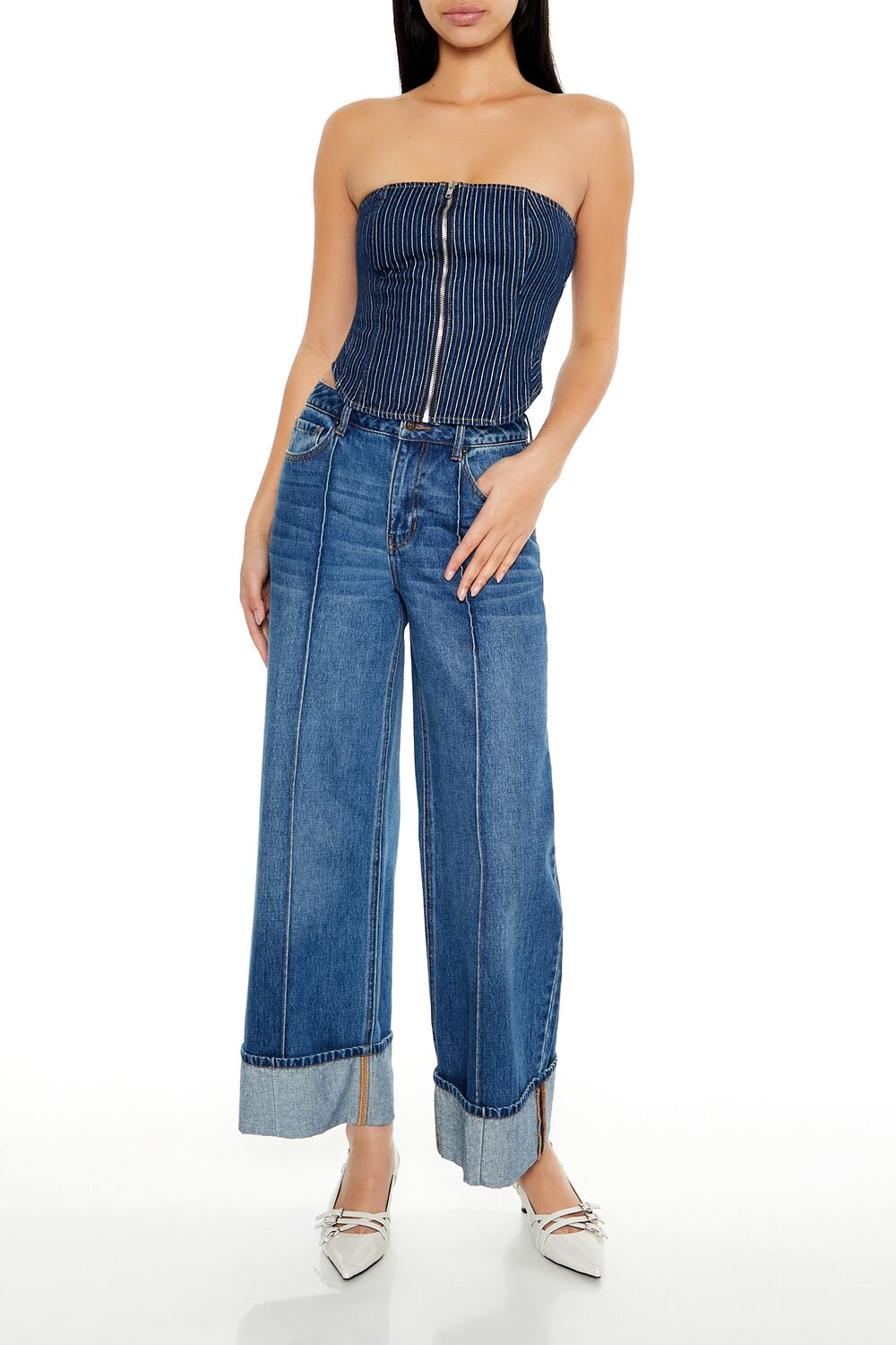  Forever 21 Striped Denim Tube Crop Top - dark denim - Bonton