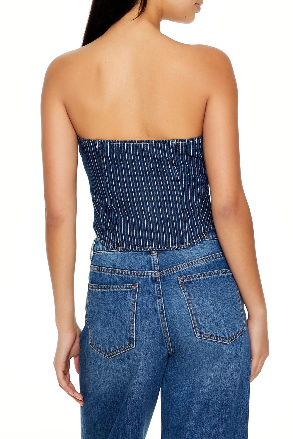  Forever 21 Striped Denim Tube Crop Top - dark denim - Bonton