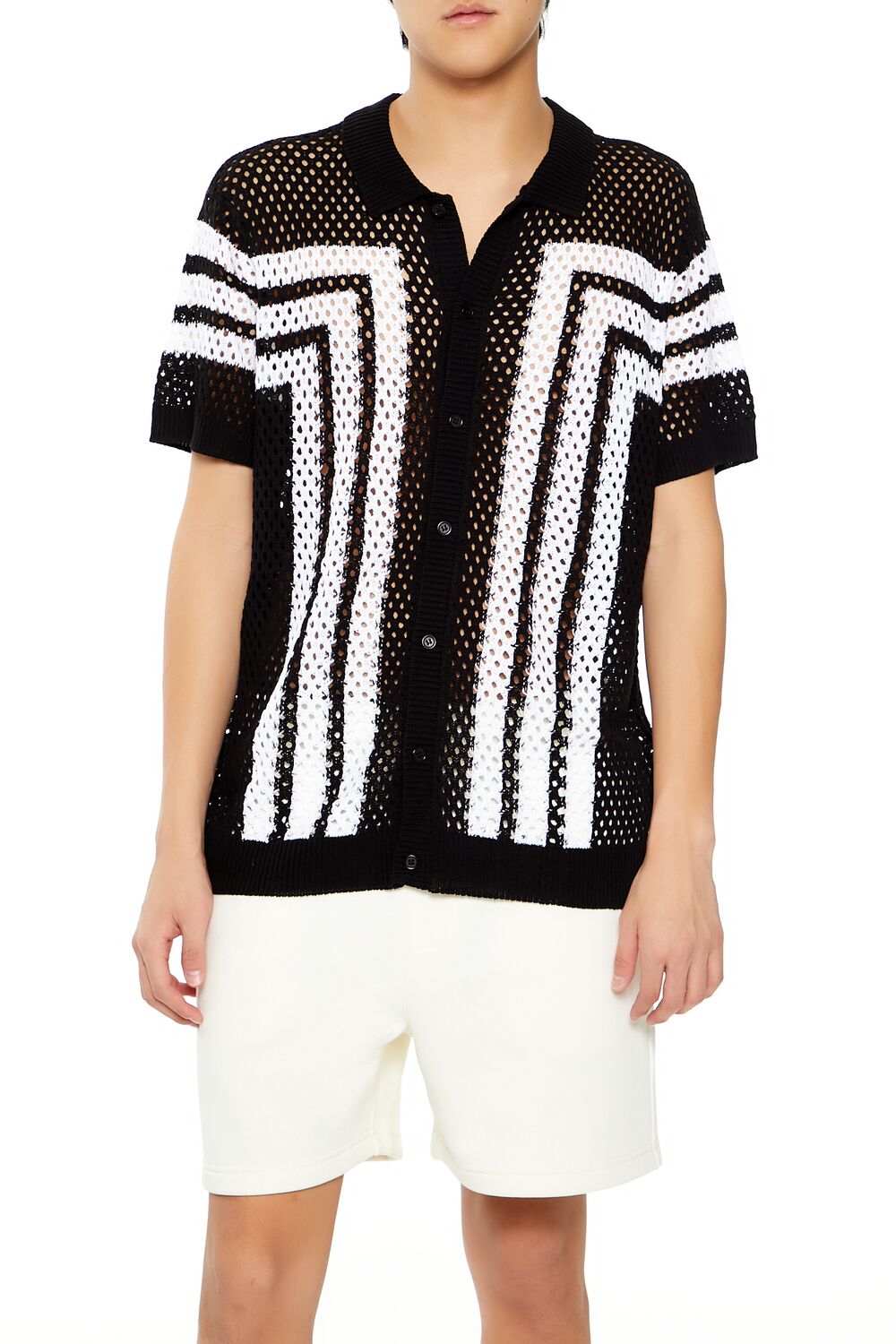  Forever 21 Striped Crochet Polo Shirt - black white - Bonton