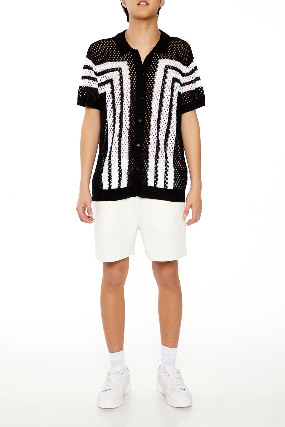  Forever 21 Striped Crochet Polo Shirt - black white - Bonton