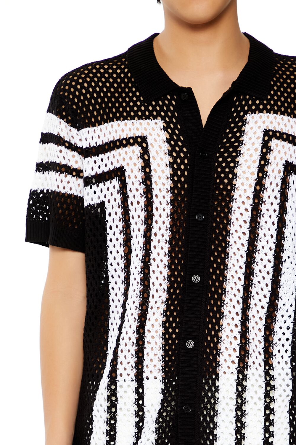  Forever 21 Striped Crochet Polo Shirt - black white - Bonton