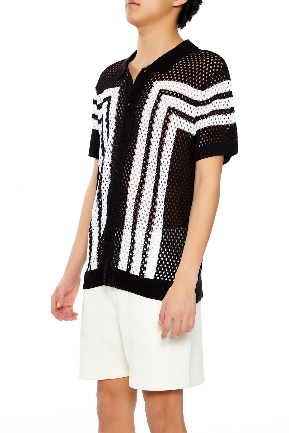  Forever 21 Striped Crochet Polo Shirt - black white - Bonton