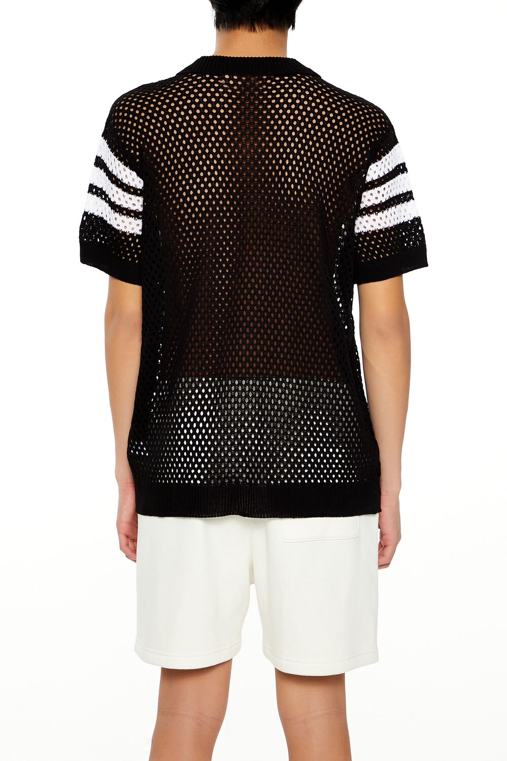  Forever 21 Striped Crochet Polo Shirt - black white - Bonton