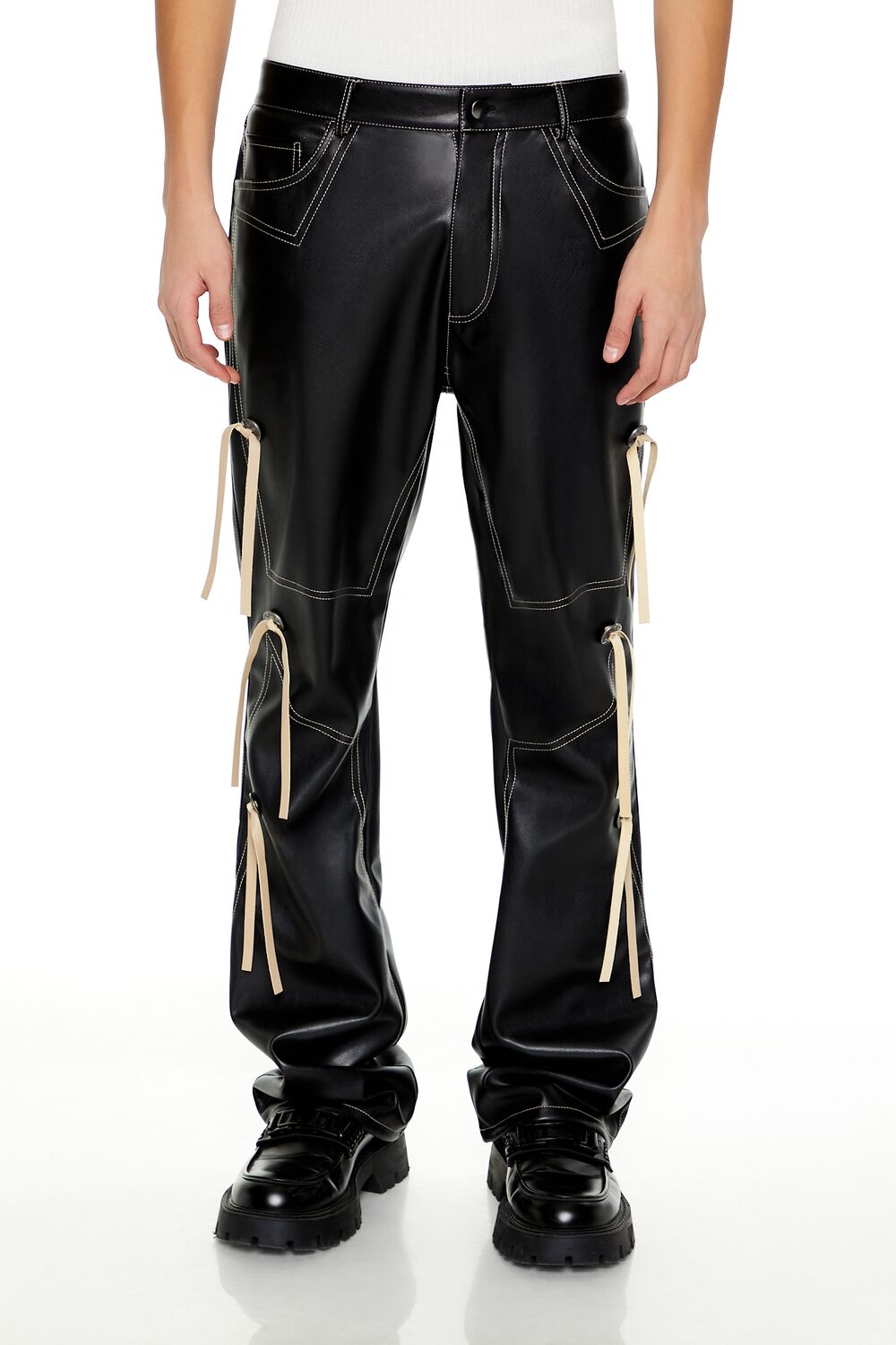  Forever 21 Two-Tone Faux Leather Flare Pants - black-cream - Bonton