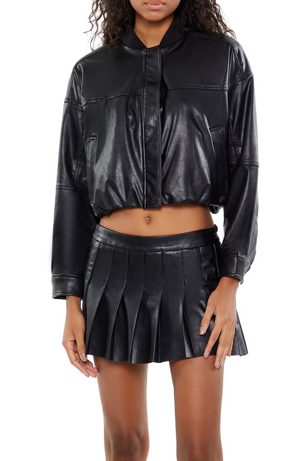  Forever 21 Faux Leather Cropped Bomber Jacker - black-swatch - Bonton