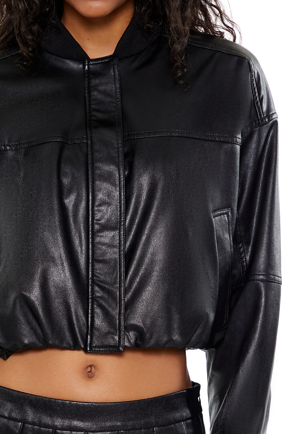  Forever 21 Faux Leather Cropped Bomber Jacker - black-swatch - Bonton