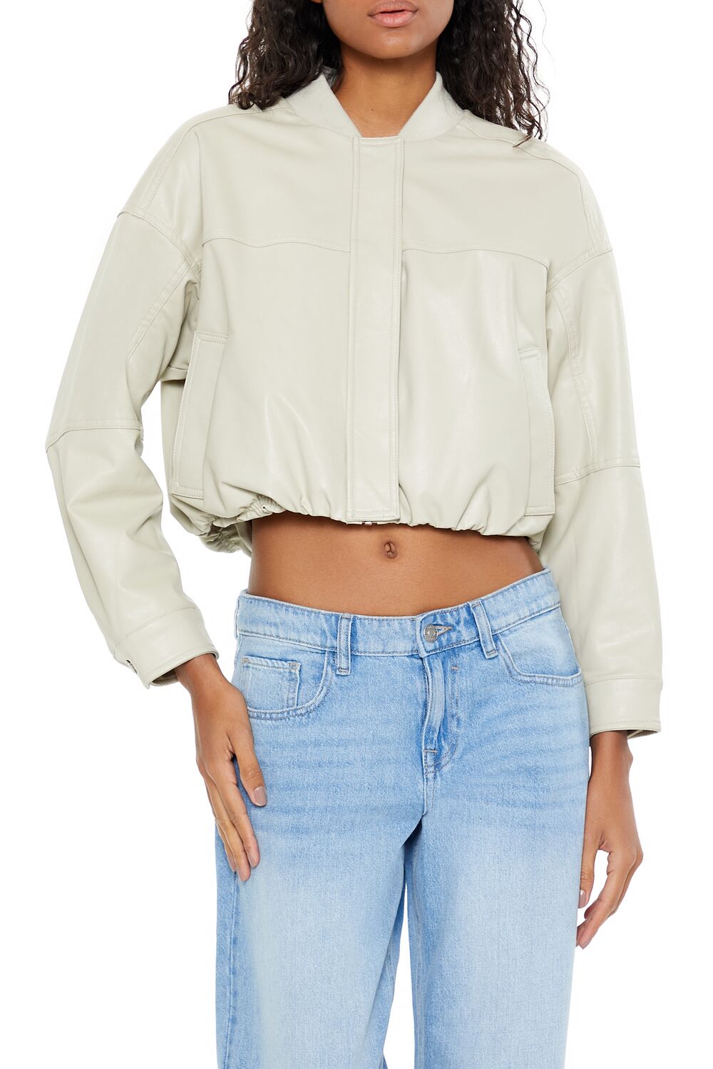  Forever 21 Faux Leather Cropped Bomber Jacker - black-swatch - Bonton