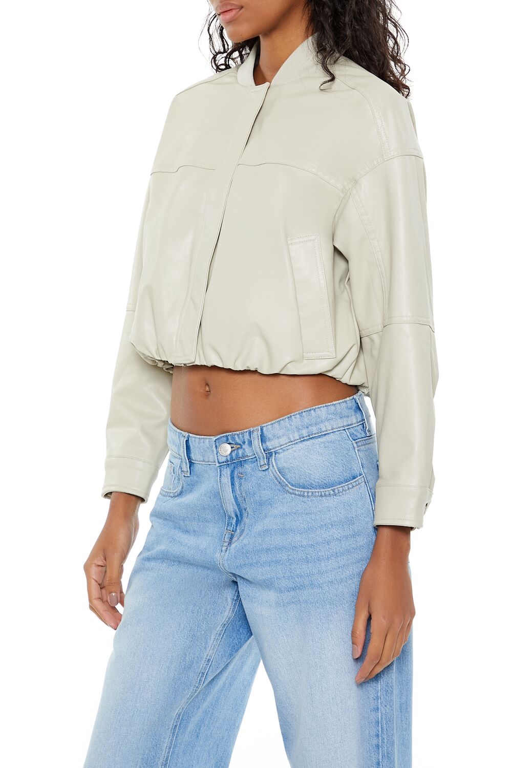  Forever 21 Faux Leather Cropped Bomber Jacker - black-swatch - Bonton