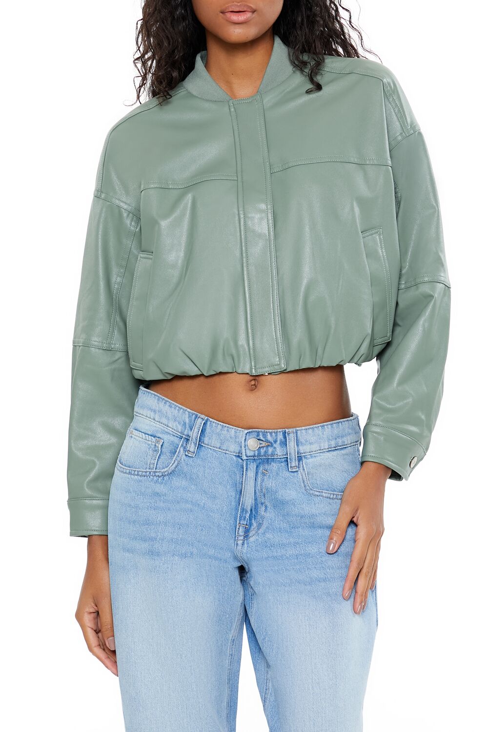  Forever 21 Faux Leather Cropped Bomber Jacker - black-swatch - Bonton