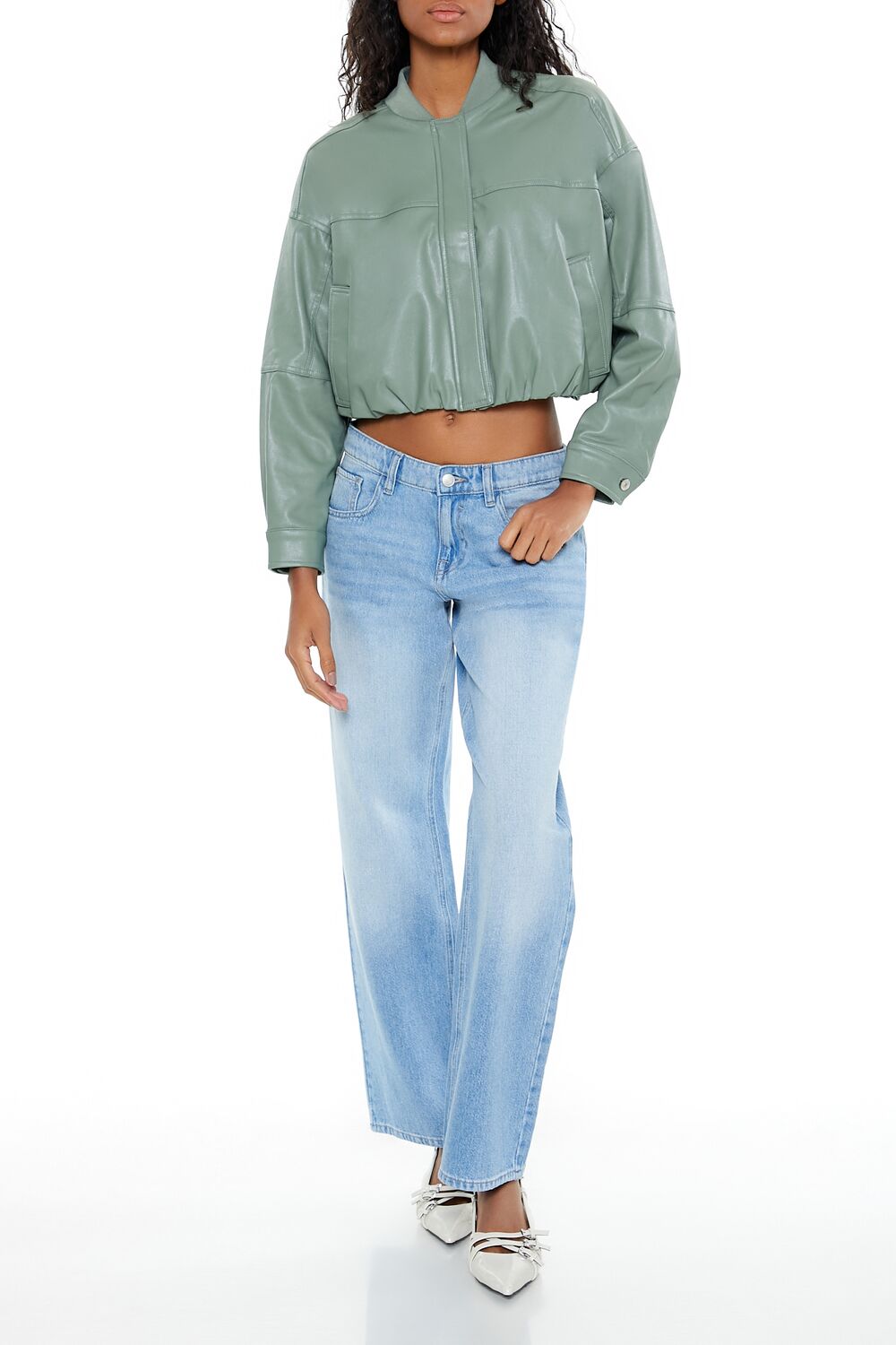  Forever 21 Faux Leather Cropped Bomber Jacker - black-swatch - Bonton