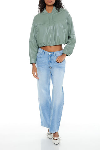 Faux Leather Cropped Bomber Jacker