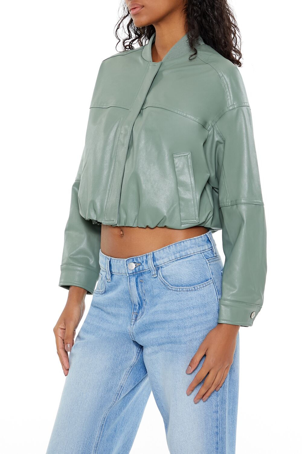  Forever 21 Faux Leather Cropped Bomber Jacker - black-swatch - Bonton