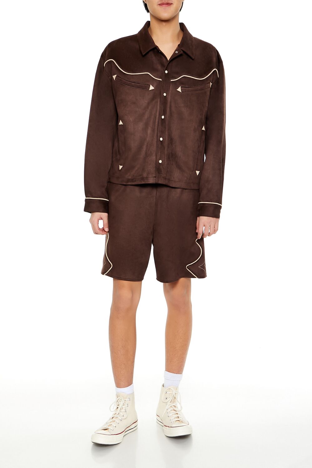  Forever 21 Geo Faux Suede Trucker Jacket - cocoa-taupe - Bonton