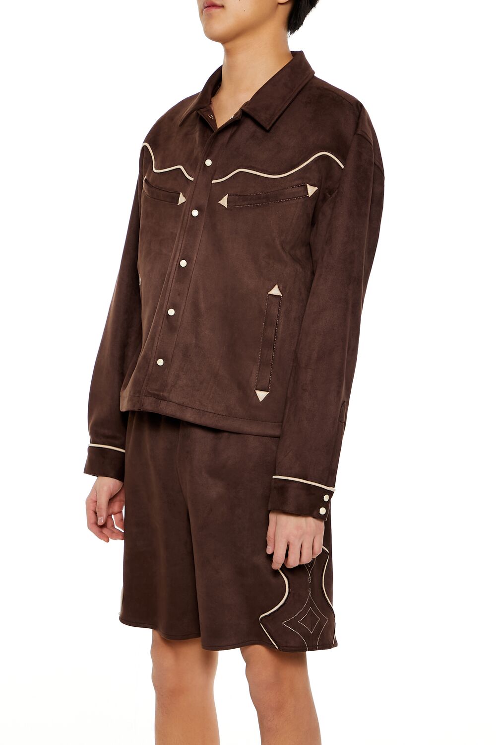  Forever 21 Geo Faux Suede Trucker Jacket - cocoa-taupe - Bonton