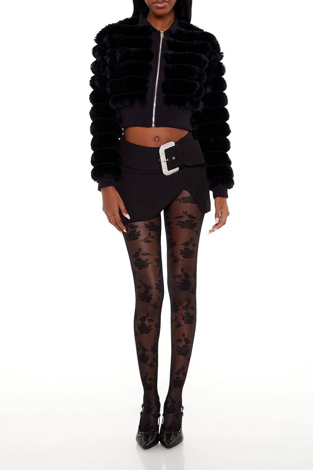  Forever 21 Faux Fur Cropped Bomber Jacket - ivory - Bonton