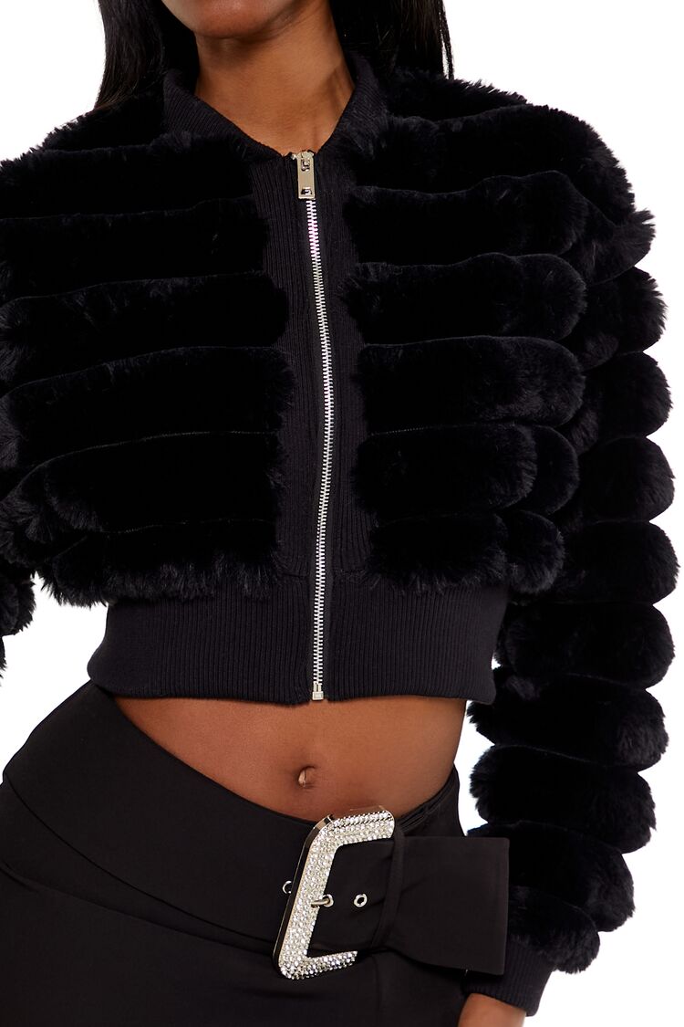  Forever 21 Faux Fur Cropped Bomber Jacket - ivory - Bonton