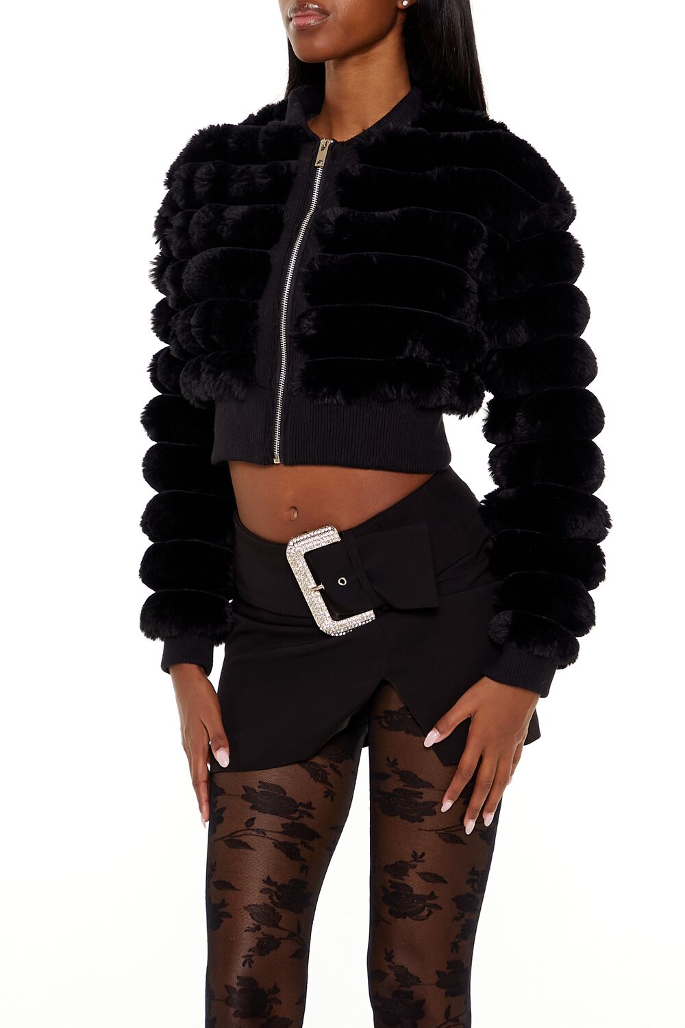  Forever 21 Faux Fur Cropped Bomber Jacket - ivory - Bonton