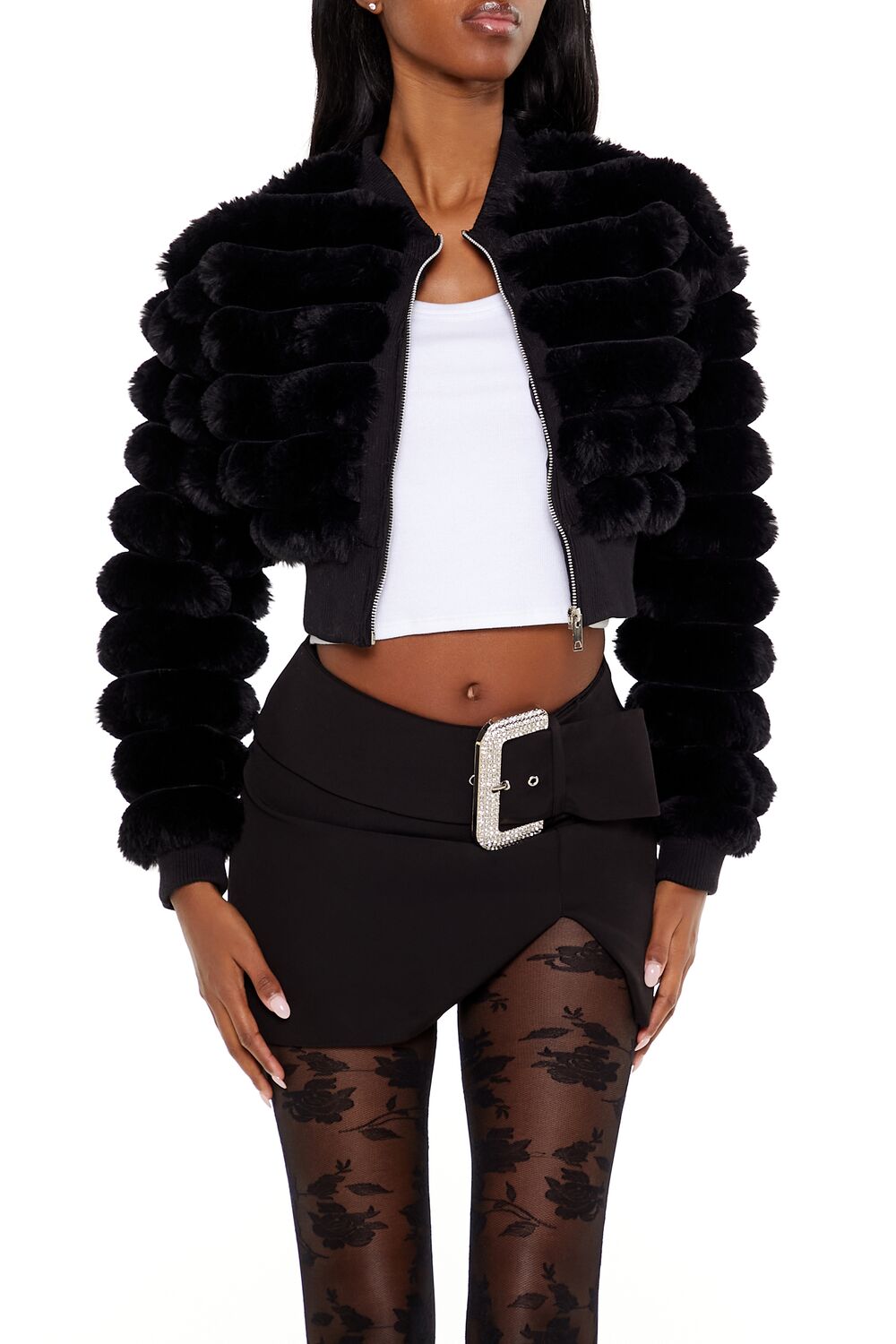  Forever 21 Faux Fur Cropped Bomber Jacket - ivory - Bonton