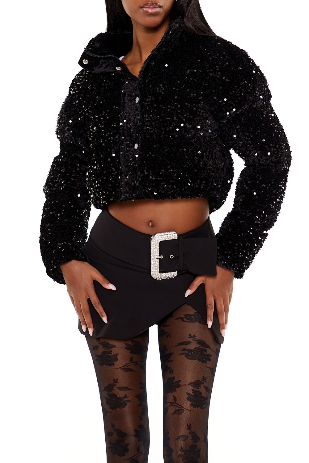  Forever 21 Sequin Faux Fur Puffer Jacket - black - Bonton