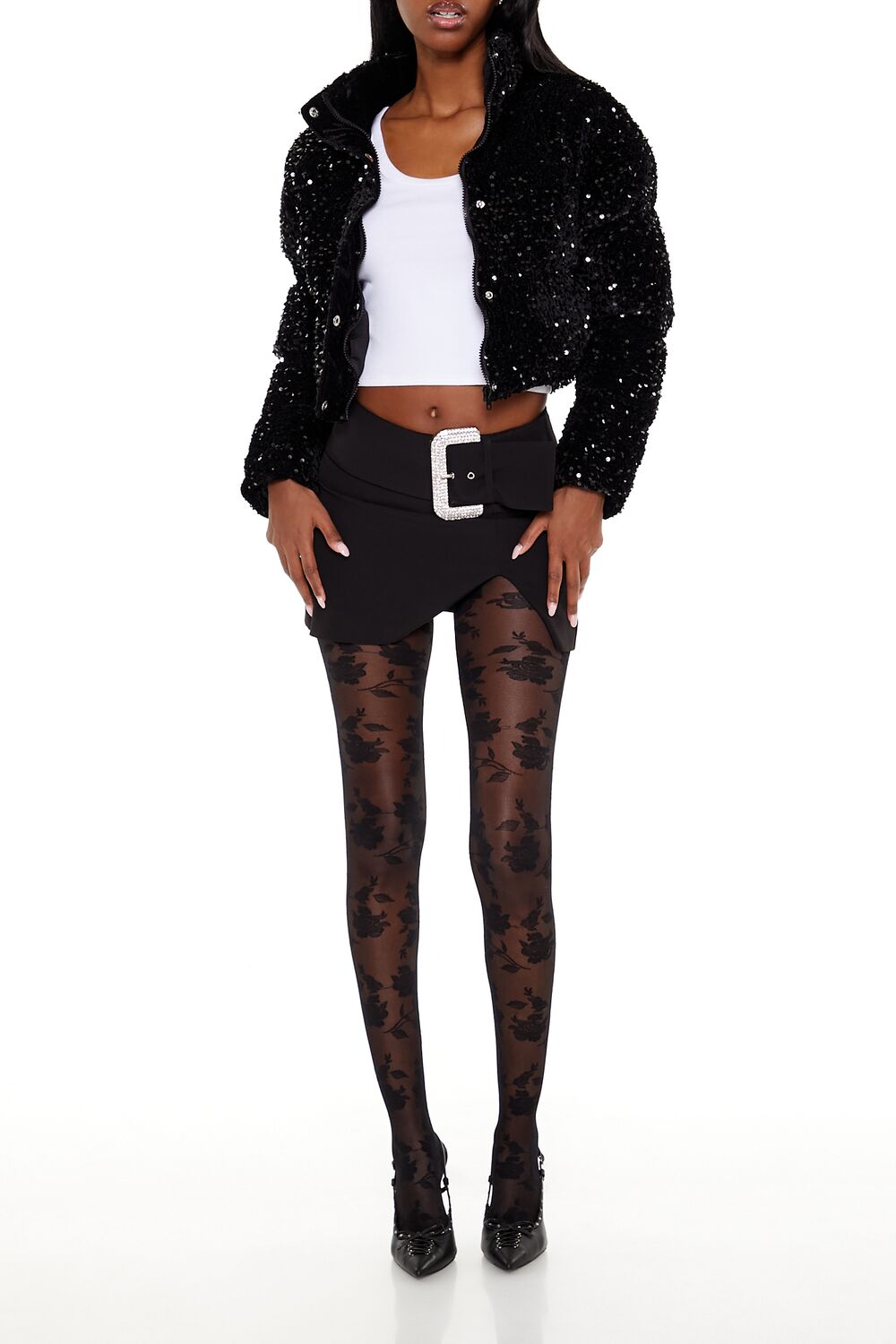  Forever 21 Sequin Faux Fur Puffer Jacket - black - Bonton