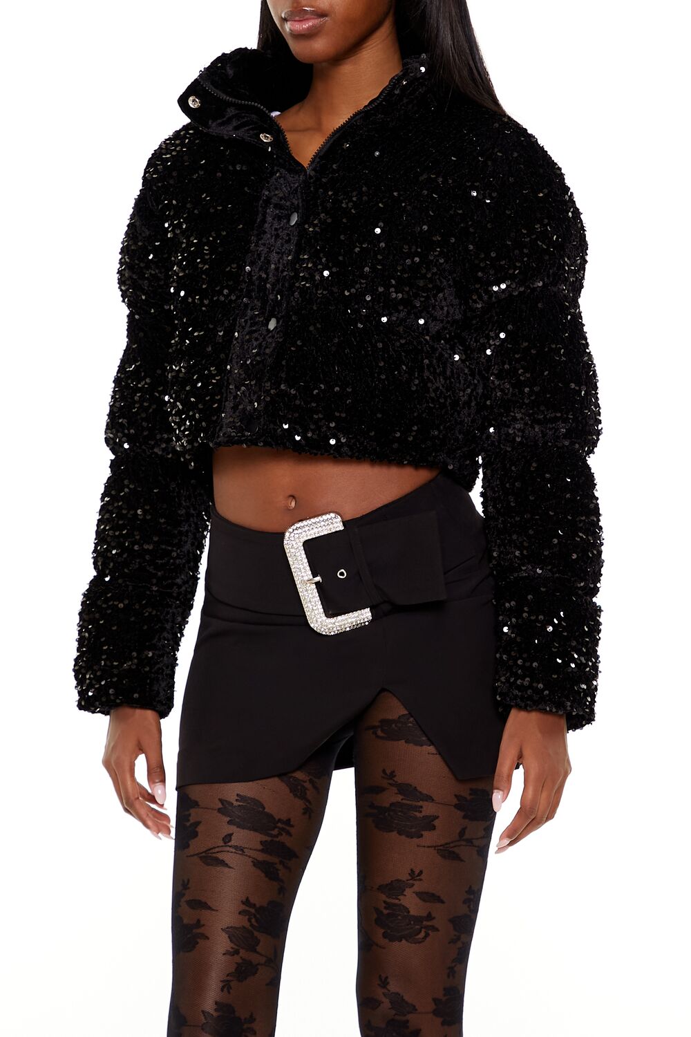  Forever 21 Sequin Faux Fur Puffer Jacket - black - Bonton
