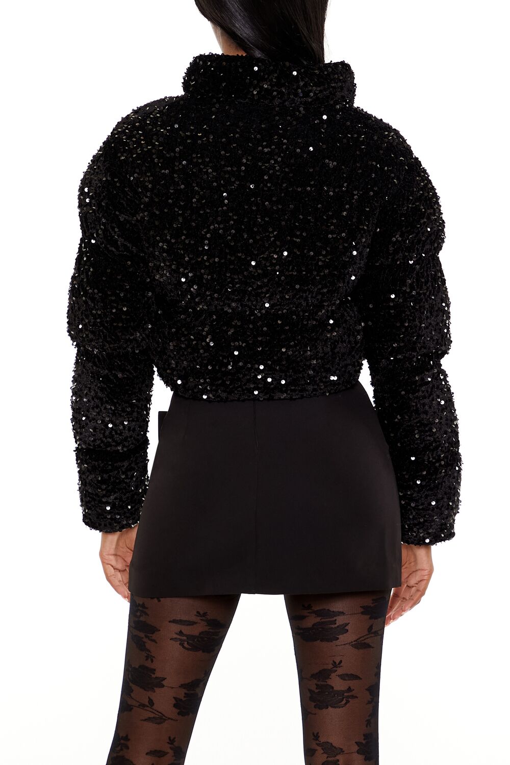  Forever 21 Sequin Faux Fur Puffer Jacket - black - Bonton