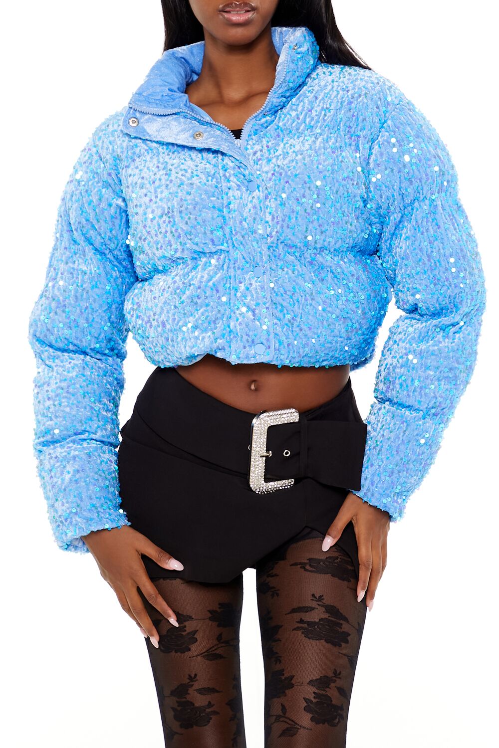  Forever 21 Sequin Faux Fur Puffer Jacket - black - Bonton