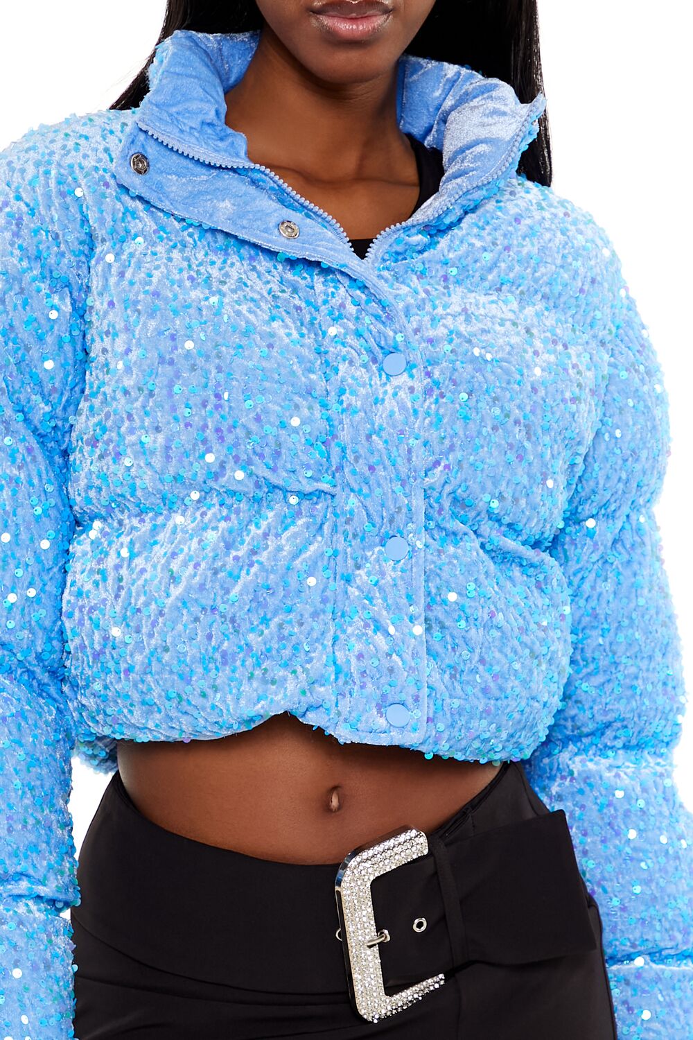  Forever 21 Sequin Faux Fur Puffer Jacket - black - Bonton